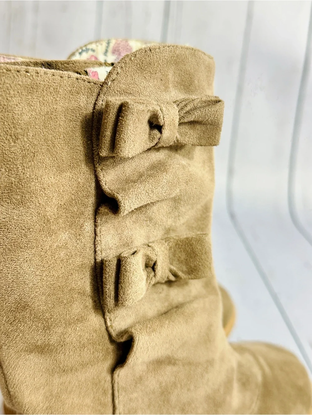 Livie & Luca Taupe Neve boots  two suede bows on the side. Girls size 13 (sku6S)